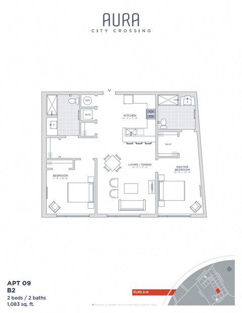 Floor plan for 2 beds, 2 baths, 1083 sqft